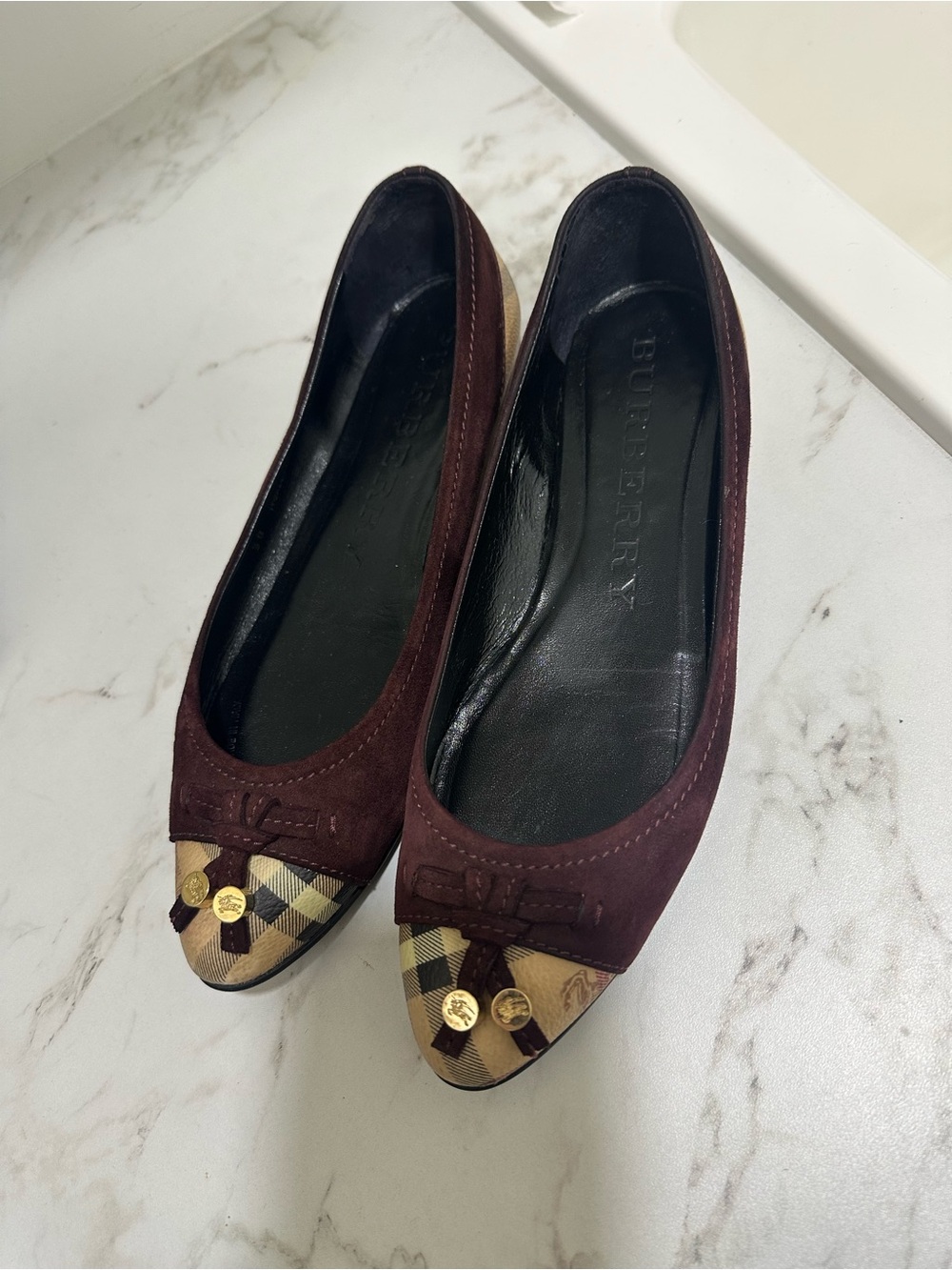 Burberry Burgundy Suede Ballet Flats with Beige Check Cap